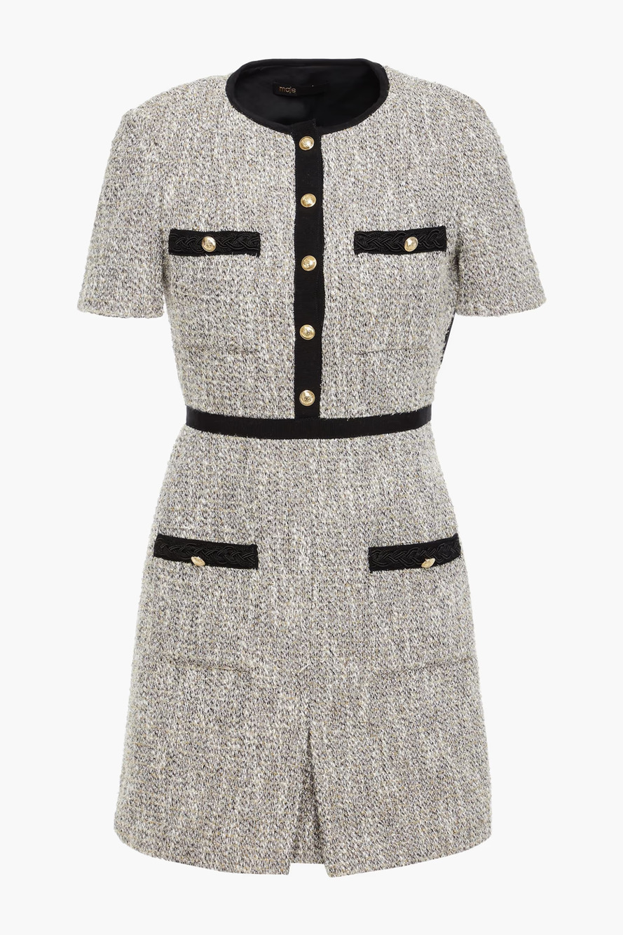NWT Maje Rinie Contrast Trim Tweed Mini Dress Metallic Silver Short Sleeve 38 S